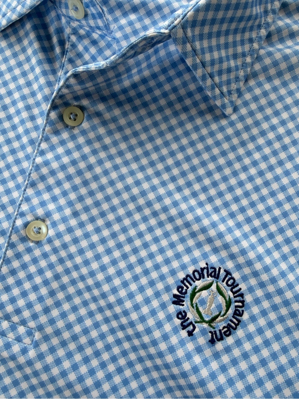 DONALD ROSS Men’s Blue & White Gingham ‘MEMORIAL TOURNAMENT’ Perf Golf Polo - M